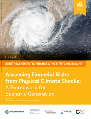Cover image for Assessing Financial Risks from Physical Climate Shocks...., featuring an image of a hurricane above the title text in white on a yellow background