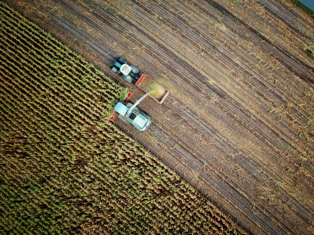 Harvesting crops using tractor, trailer and harvester. Aerial view.
