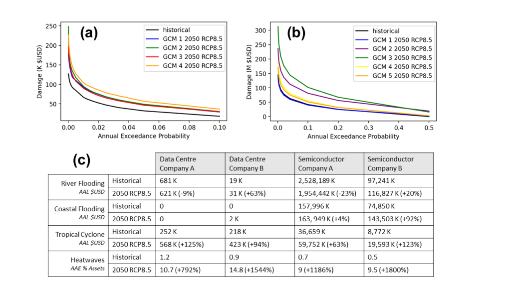 Figure 2. (a) Tropical cyclone exceedance probability curve for a Japanese data centre. (b) River flood exceedance probability curve for a Chinese semiconductor manufacturer. (c) Company level risk metrics.