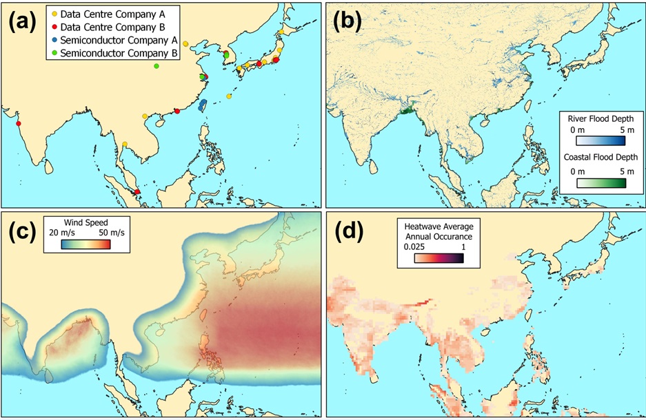 Figure 1. (a) IMPAX asset level data. (b) GRII fluvial and coastal flood maps. (c) GRII tropical cyclone wind speed maps. (d) GRII heatwave average annual occurrence maps.