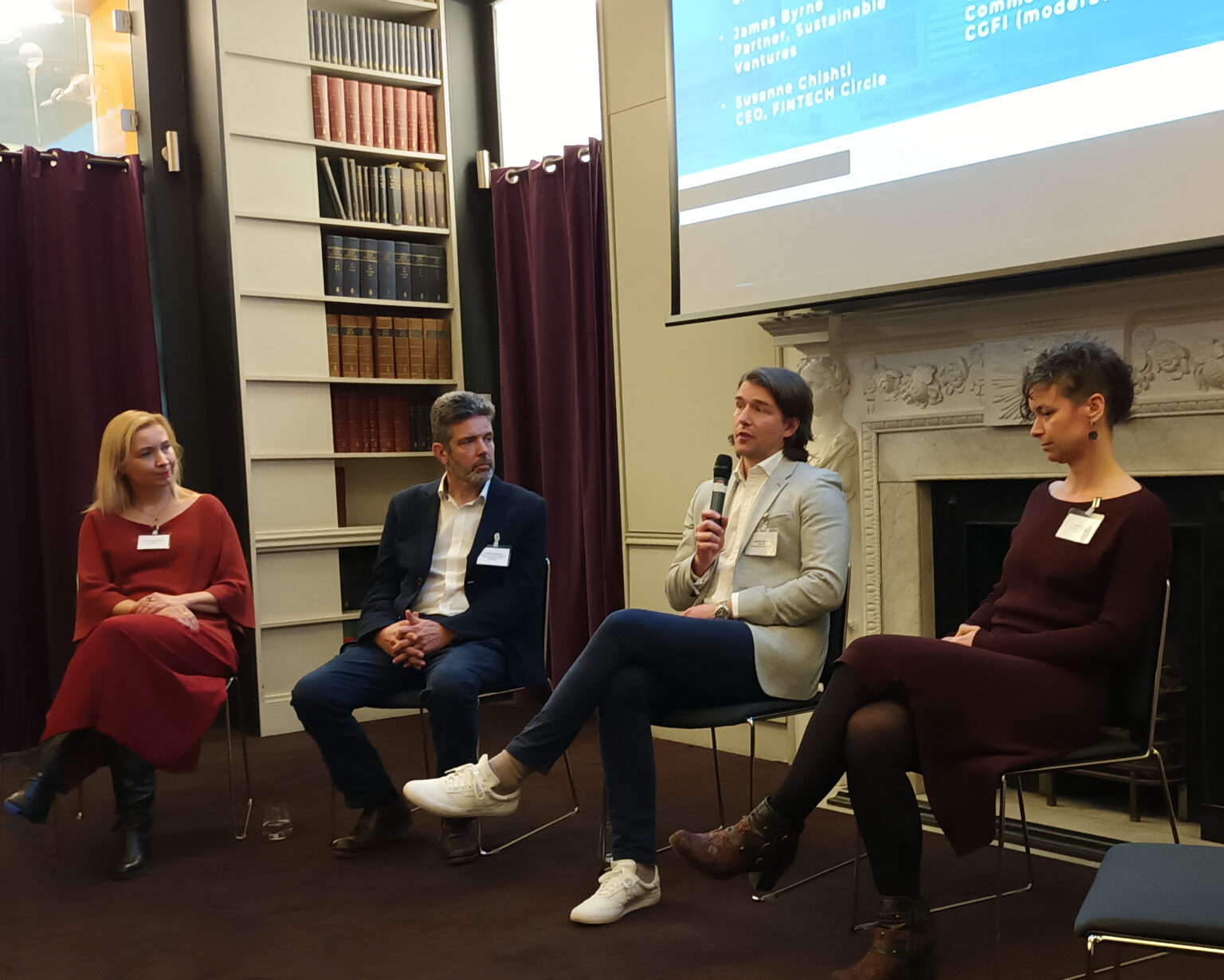 (L-R) Susanne Chishti (CEO, FINTECH Circle), Andrew Elphick (Head of Innovation Mindset and Intrapreneurship, Barclays), James Byrne (Partner, Sustainable Ventures), Dr Claire Burke (Director of Science, Climate X)
