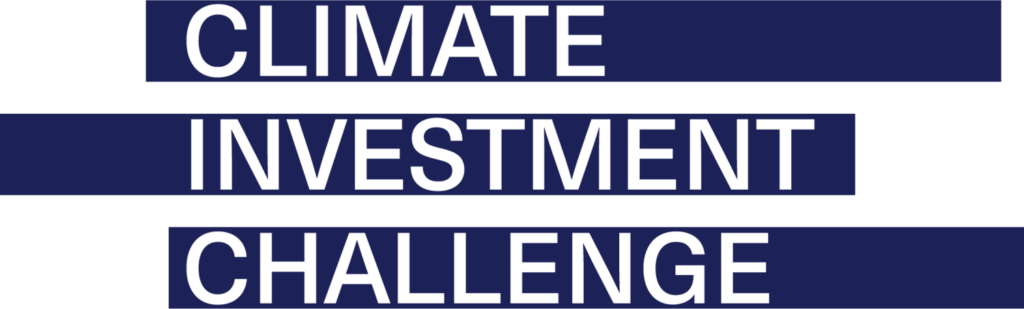 Climate Investment Challenge in white letters on blue lines.