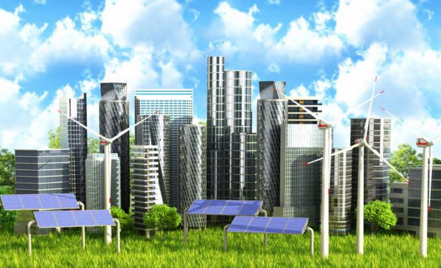 Grapic of a city with solar pannels and windmills in front of it.