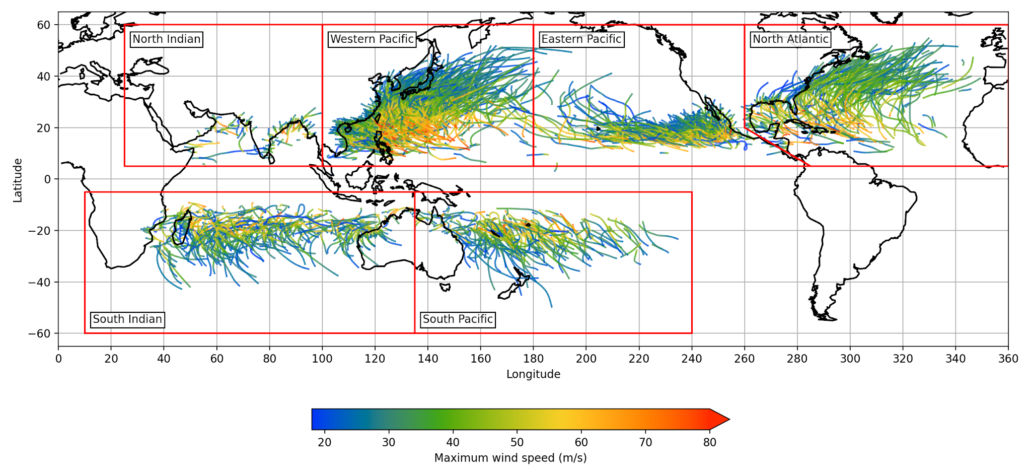Observed tropical cyclone tracks and wind speeds